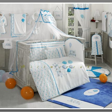 Kidboo 70x130 Happy Birthday Blue Kenarlıklı Beşik Uyku Seti (Mobilyalar için)