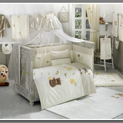 Kidboo 80x130 Honey Bear Linen Kenarlıklı Unisex Bebek Beşik Uyku Seti (Mobilyalar için)
