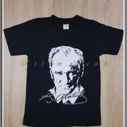 Atatürk Baskılı Siyah Tişört Kısa Kol Atatürk Poster ve İmzalı