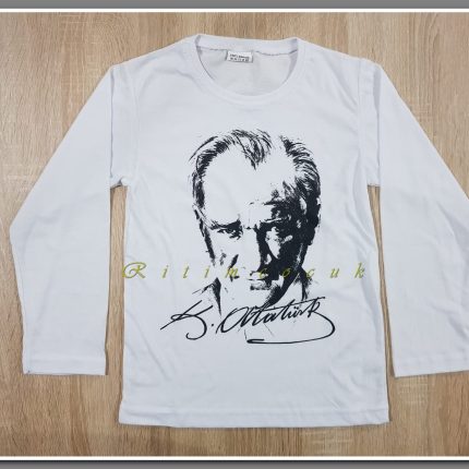 Atatürk Baskılı Beyaz Tişört Uzun Kol Atatürk Poster ve İmzalı